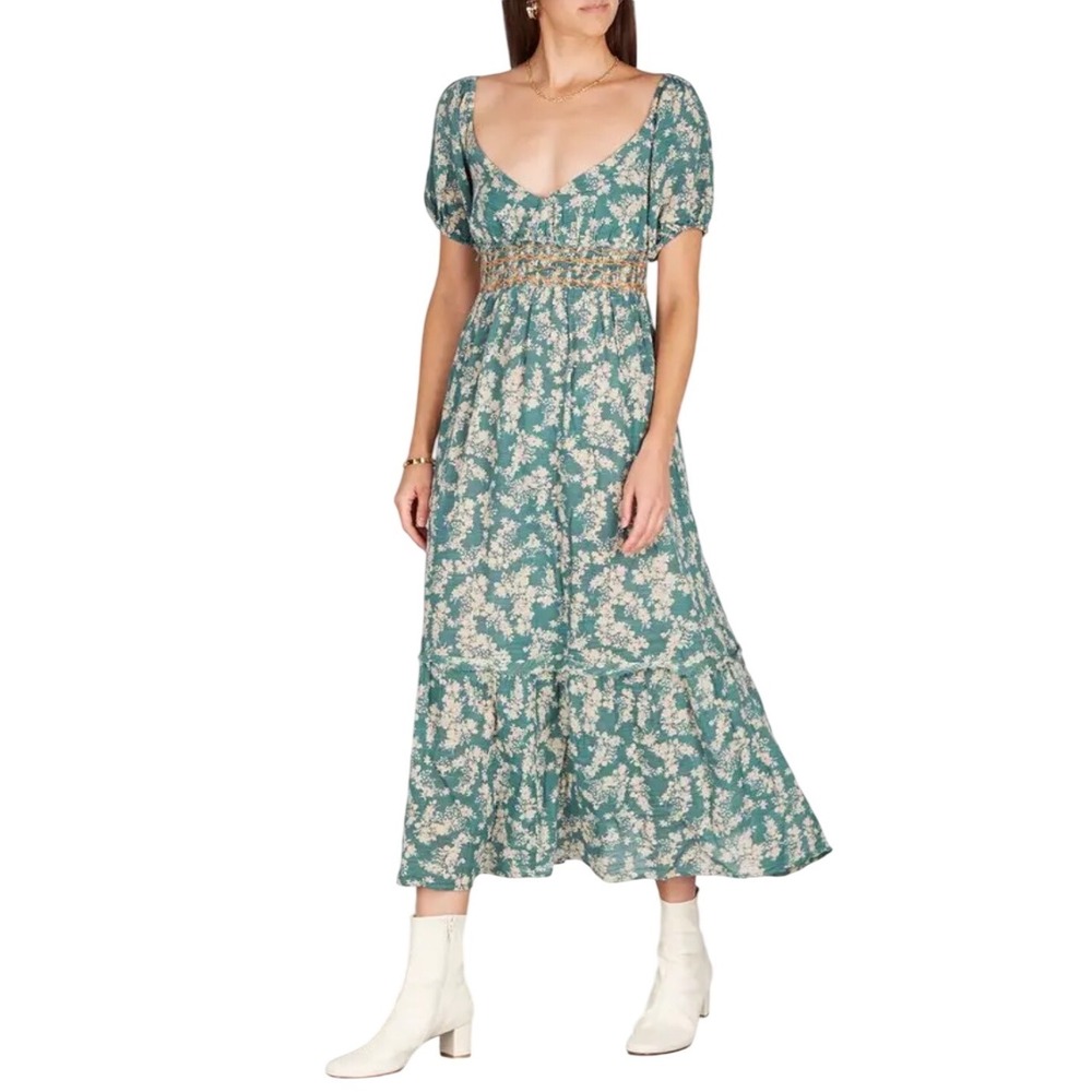 Free People Ellie‎ Floral Gauze Midi Dress Blue Seafoam Smocked medium green